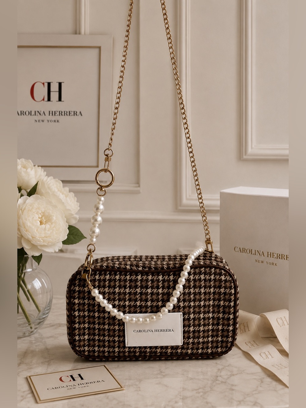 Carolina Herrera Brown Houndstooth Crossbody with Pearl Strap